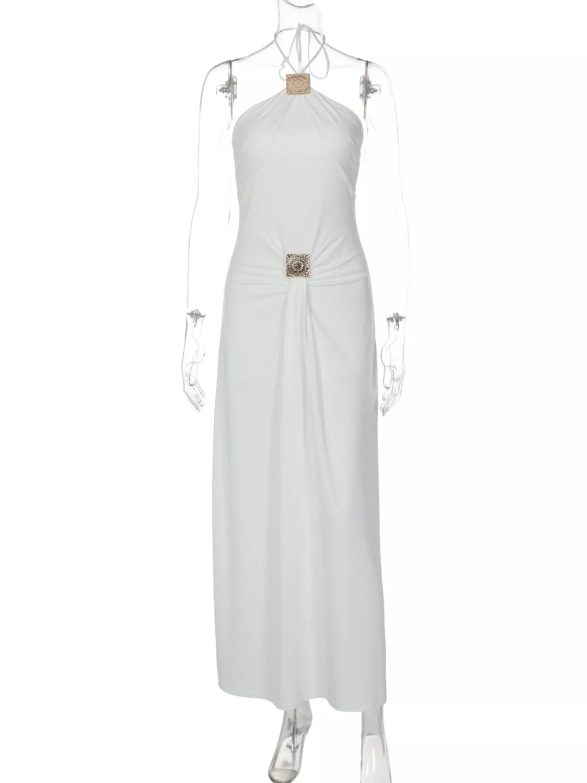 Plush Fashion Hub backless ruched halter neck maxi dress with flowing fabric and elegant design, perfect for formal occasions.