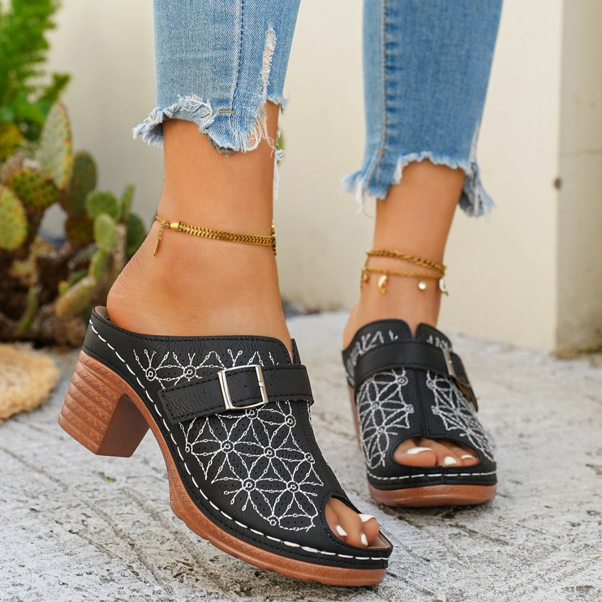 Women's chic buckle detail block heel sandals by Trendsi, crafted with premium faux leather, showcasing stylish design and comfortable fit.