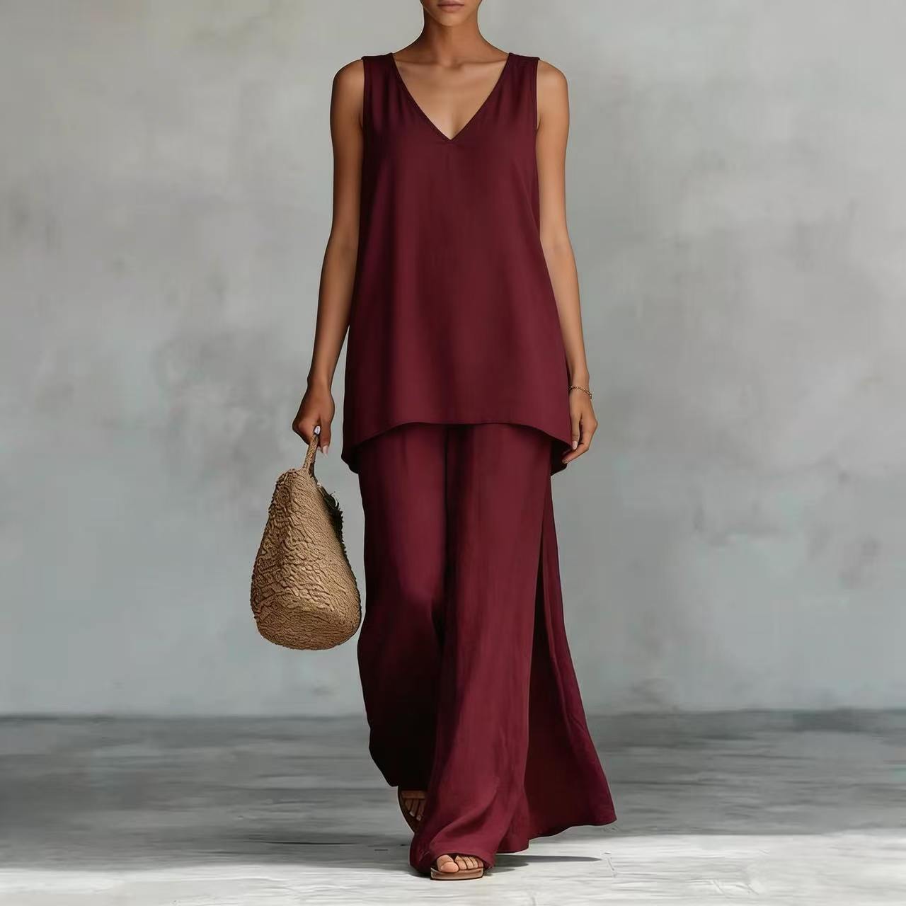 Women's Bohemian wide-leg pants and V-neck vest set with colorful 3D print, casualwear by FitiqueFit.