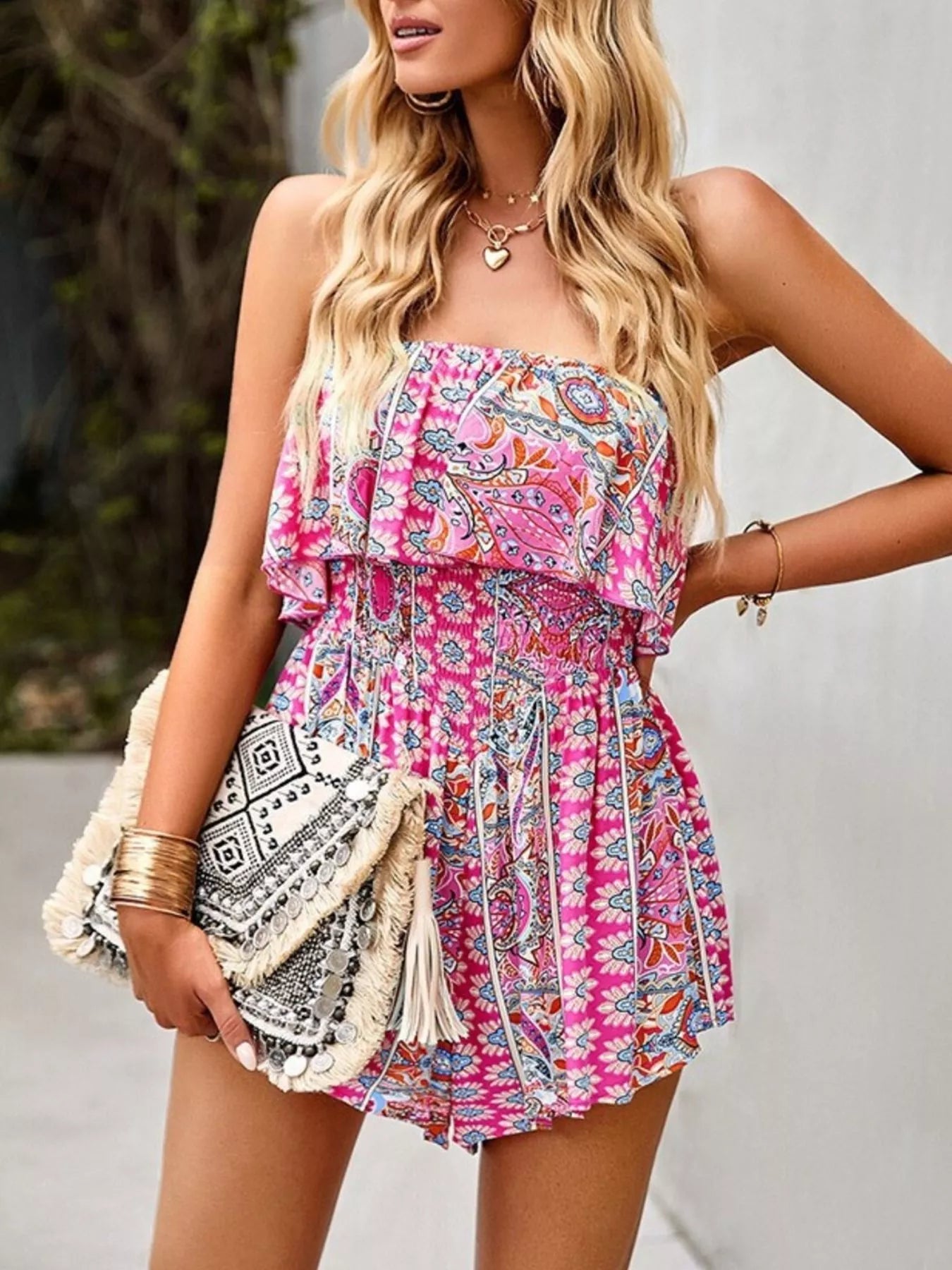 Printed tube smocked waist romper jumpsuit by Shopimist, featuring a stylish design with a comfortable fit and smocked details.