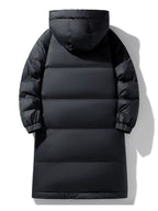 Men's full-size longline hooded down coat by Shopimist, showing the insulated, puffer-style jacket with a hood and sleek design.