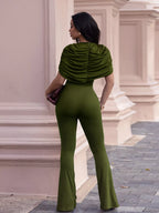 Ruched flare leg jumpsuit from Trendsi featuring a fitted bodice and flowing wide-leg design, perfect for stylish occasions.