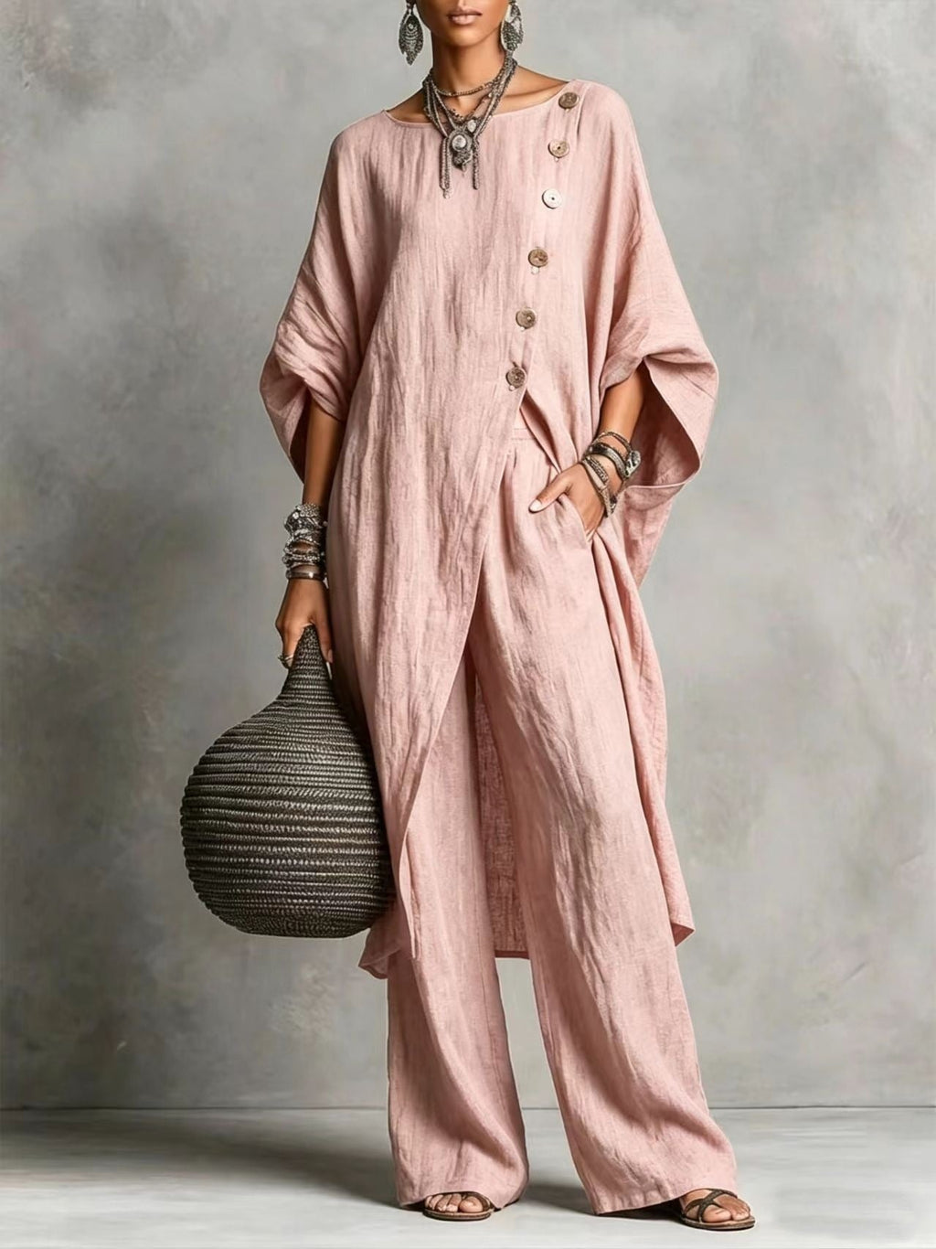 Women's casual drop shoulder three-quarter sleeve irregular shirt and matching pants set by Plush Fashion Hub.