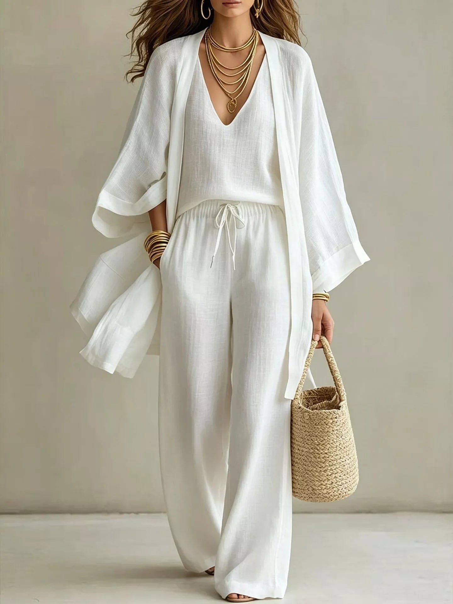 Plus size V-neck tank cardigan and pants set by Trendsi, featuring a comfortable, coordinated ensemble in a stylish design.