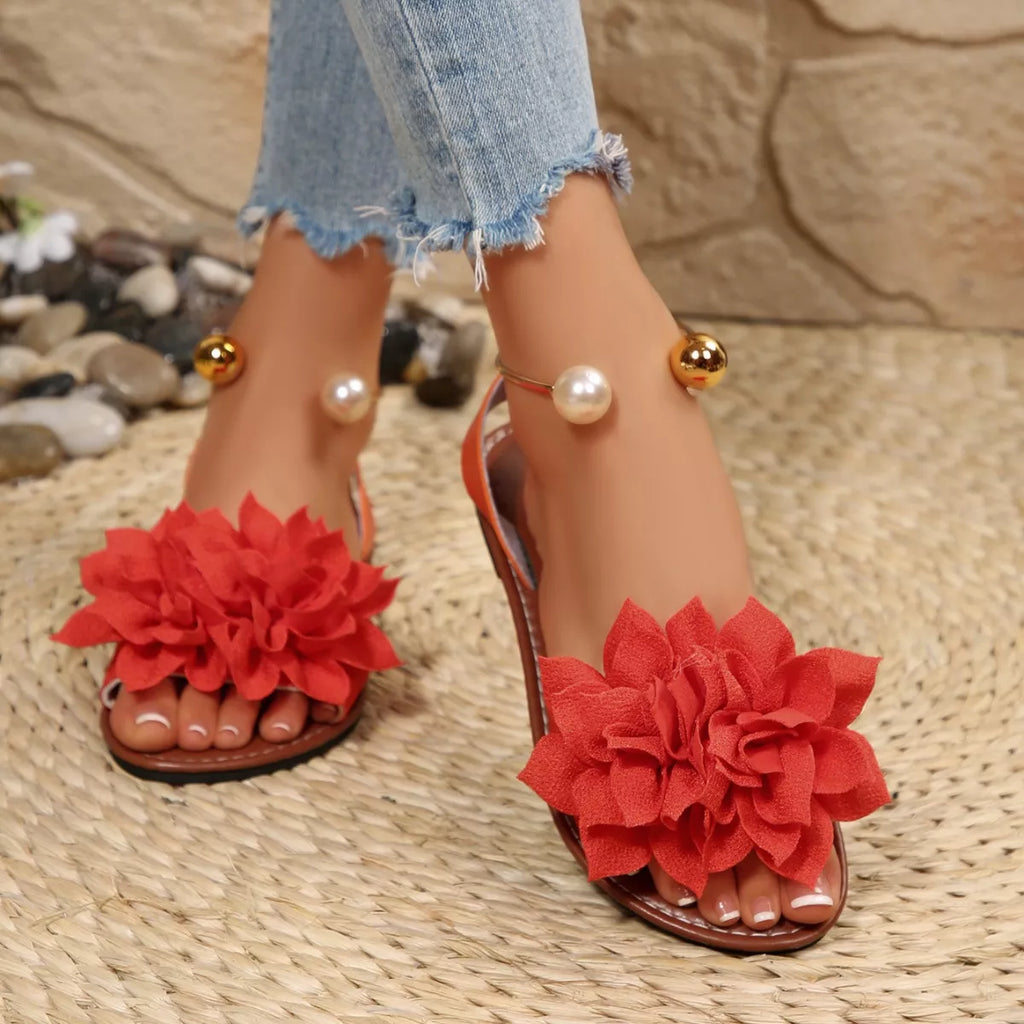 Shopimist floral decor flat sandals featuring colorful flower accents and comfortable flat soles for casual summer wear.