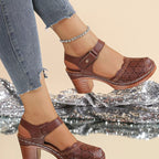 Shopimist round toe block heel sandals with stylish open design and neutral color, perfect for casual or dressy occasions.