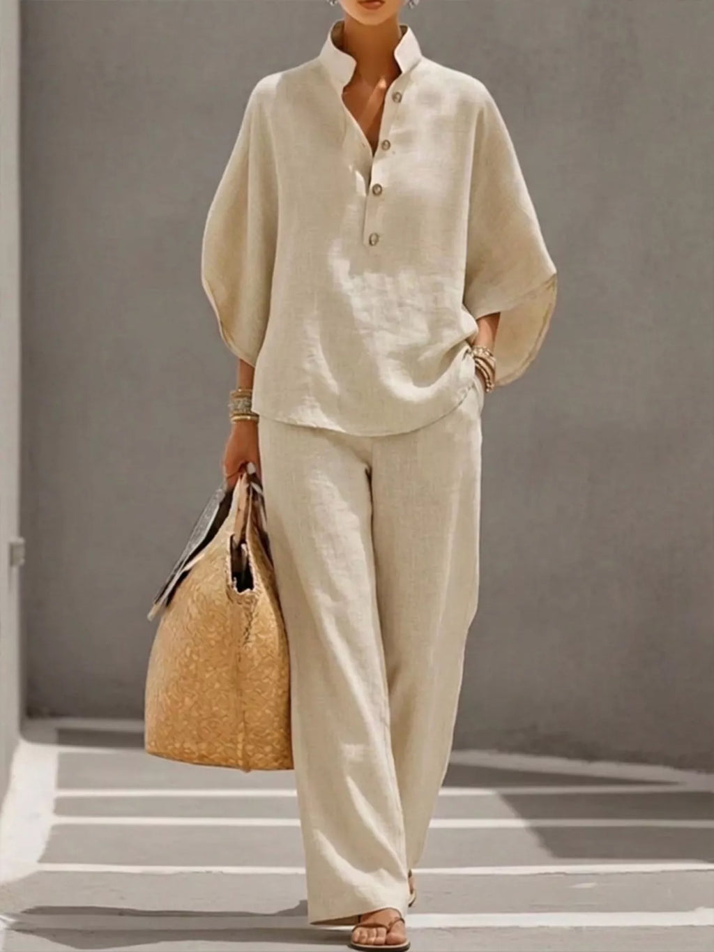 Plus size women's two-piece button-detail 3/4 sleeve top and pants set by Trendsi, shown in a stylish dress format.