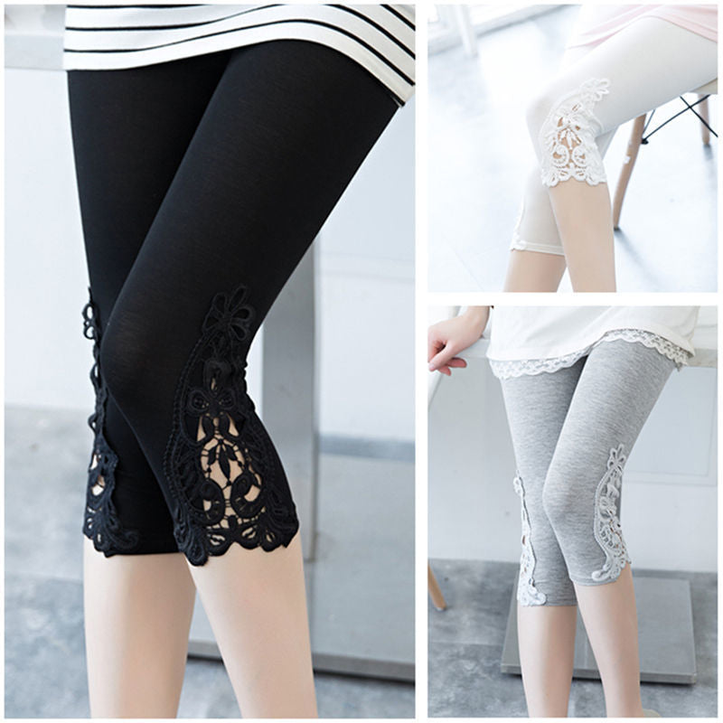Women’s lace trim stretch leggings by FitiqueFit, stylish activewear pants with lace detailing and comfortable fit.