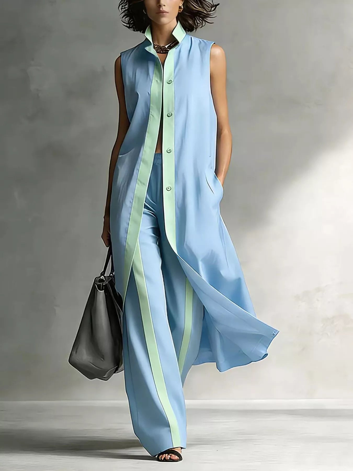 Plus size sleeveless longline vest and wide-leg pants set by Trendsi, featuring a stylish and comfortable matching ensemble.