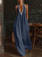 Plus size Shopimist full size halter neck lace trim wide-leg jumpsuit, stylish and comfortable for casual or dressy wear.