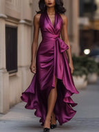 Full size high-low ruffled satin maxi dress by Shopimist, featuring elegant ruffles and a flowing satin fabric for plus size fashion.