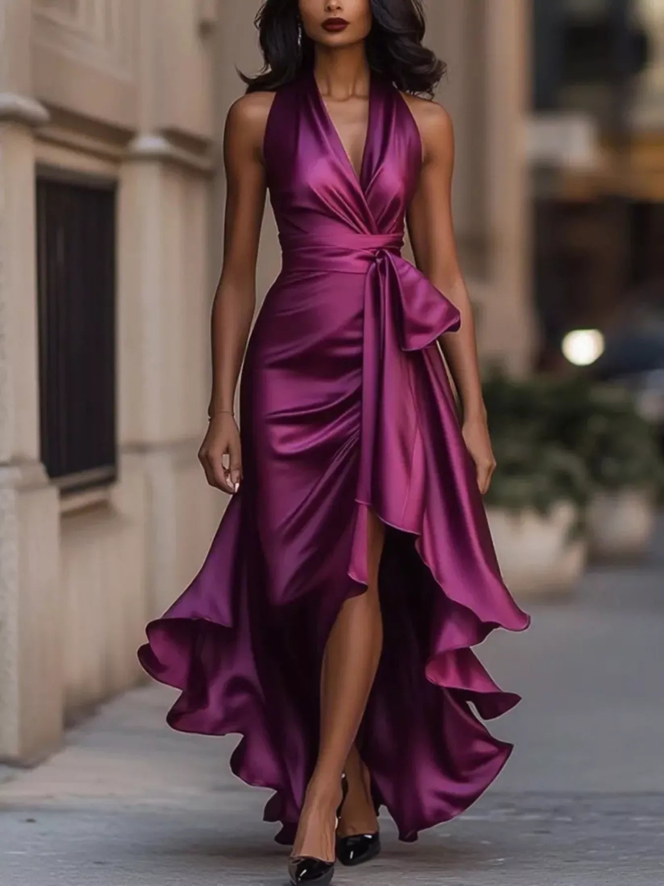 Full size high-low ruffled satin maxi dress by Shopimist, featuring elegant ruffles and a flowing satin fabric for plus size fashion.