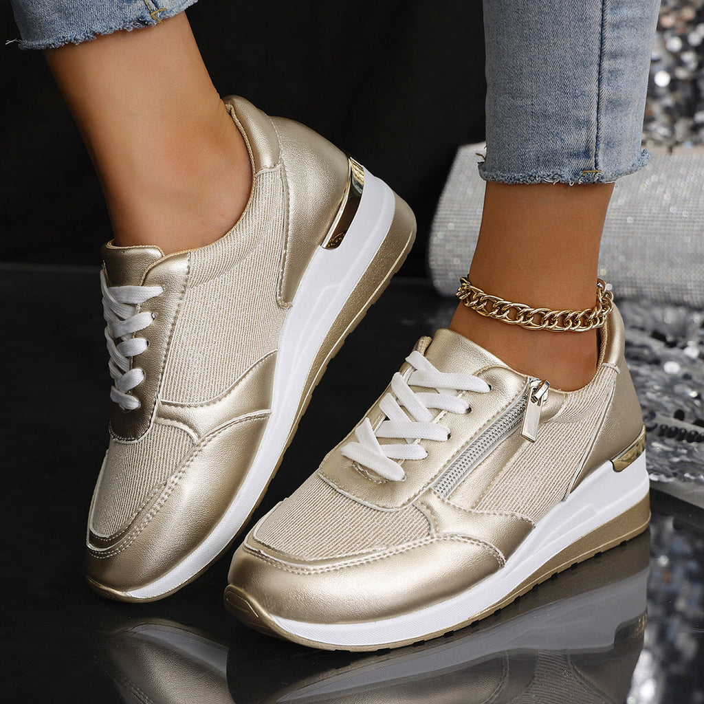 Metallic lace-up side zipper sneakers with thick soles in three colors, designed for style and comfort, by Plush Fashion Hub.