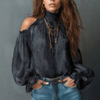 Women's retro cashew print off-shoulder blouse with lantern sleeves, casualwear by Plush Fashion Hub, shown on a hanger.
