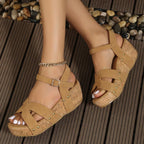 Women's open toe mid-heel wedge sandals by Trendsi, faux leather shoe with comfortable design and stylish look.
