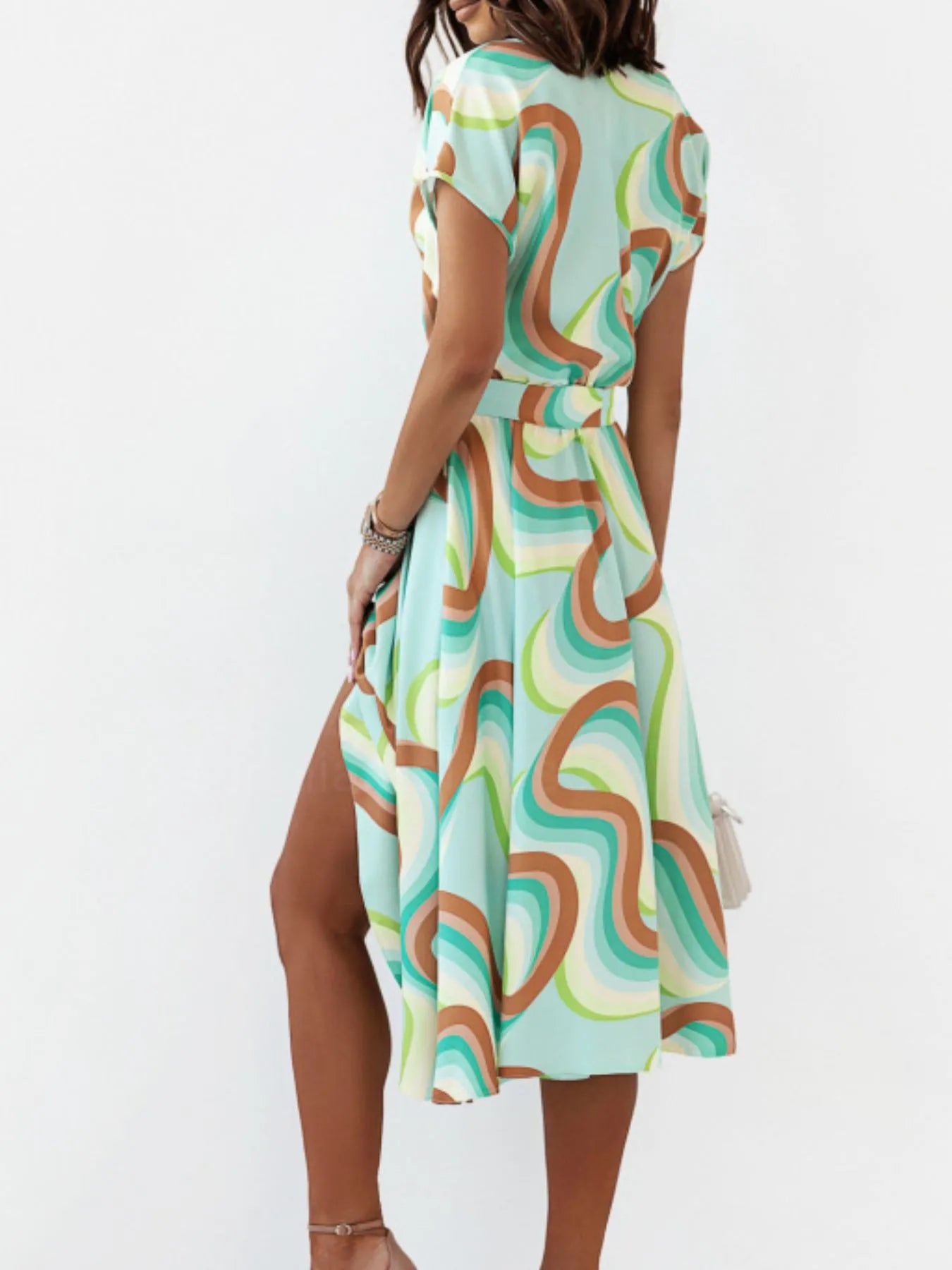 Printed button-front midi dress with belt from Shopimist, showcasing a stylish, flowy design with a waist-defining belt.