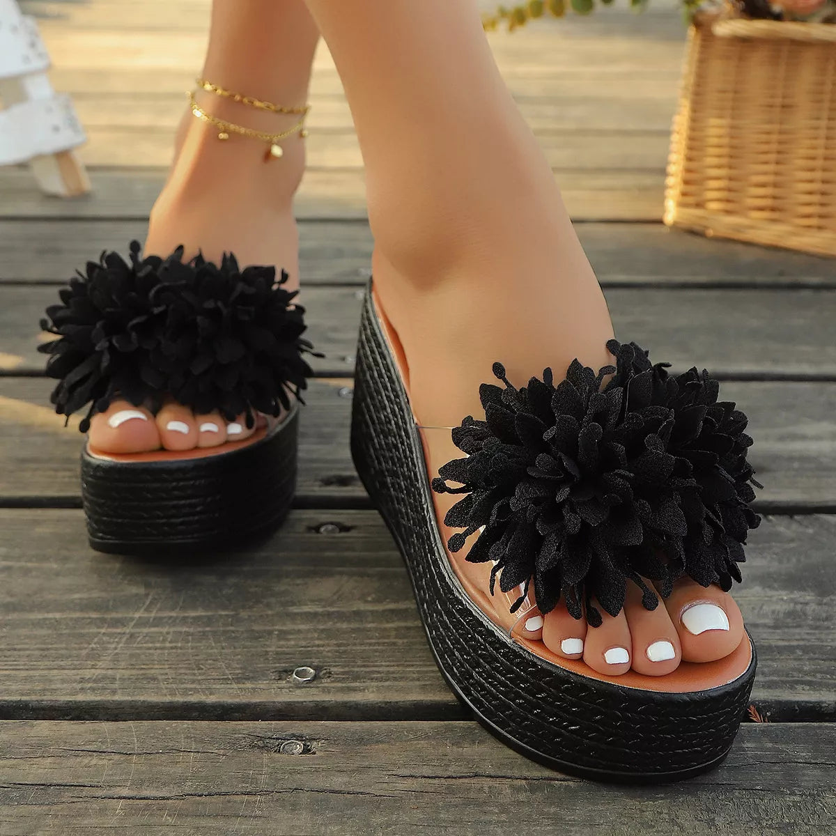 Plush Fashion Hub floral decor platform wedge sandals with open toe and ankle strap, stylish summer footwear.