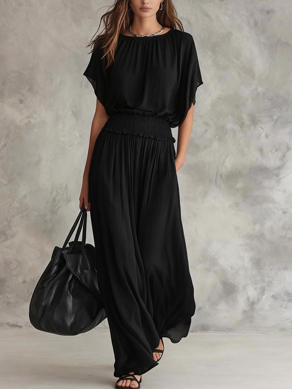 Women's chiffon high-waist ruched maxi dress by FitiqueFit featuring a flowy, elegant design with gathered details and a flattering silhouette.