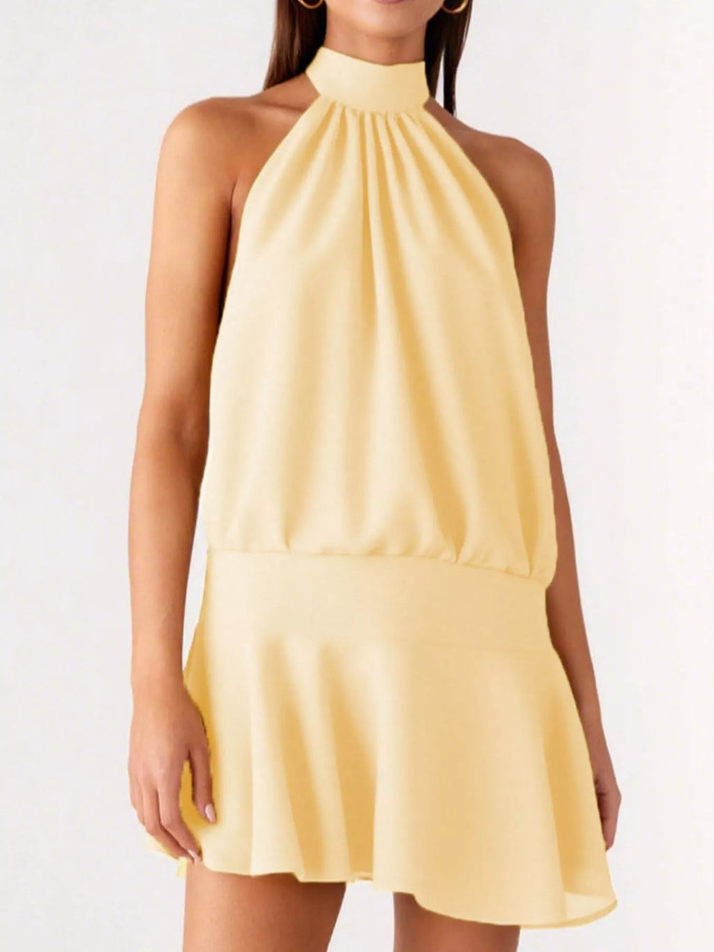 Backless halter neck dress with gathered waist by Plush Fashion Hub, featuring a stylish and elegant design suitable for formal occasions.