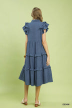 Umgee textured ruffle sleeve tiered midi dress with flowy silhouette and fabric details, shown on a model.