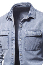VYSN men's denim jacket with button-down front and chest pocket, stylish casual clothing for men