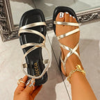 Shopimist crisscross strappy flat sandals with leather straps and open toe design, perfect for casual summer wear.