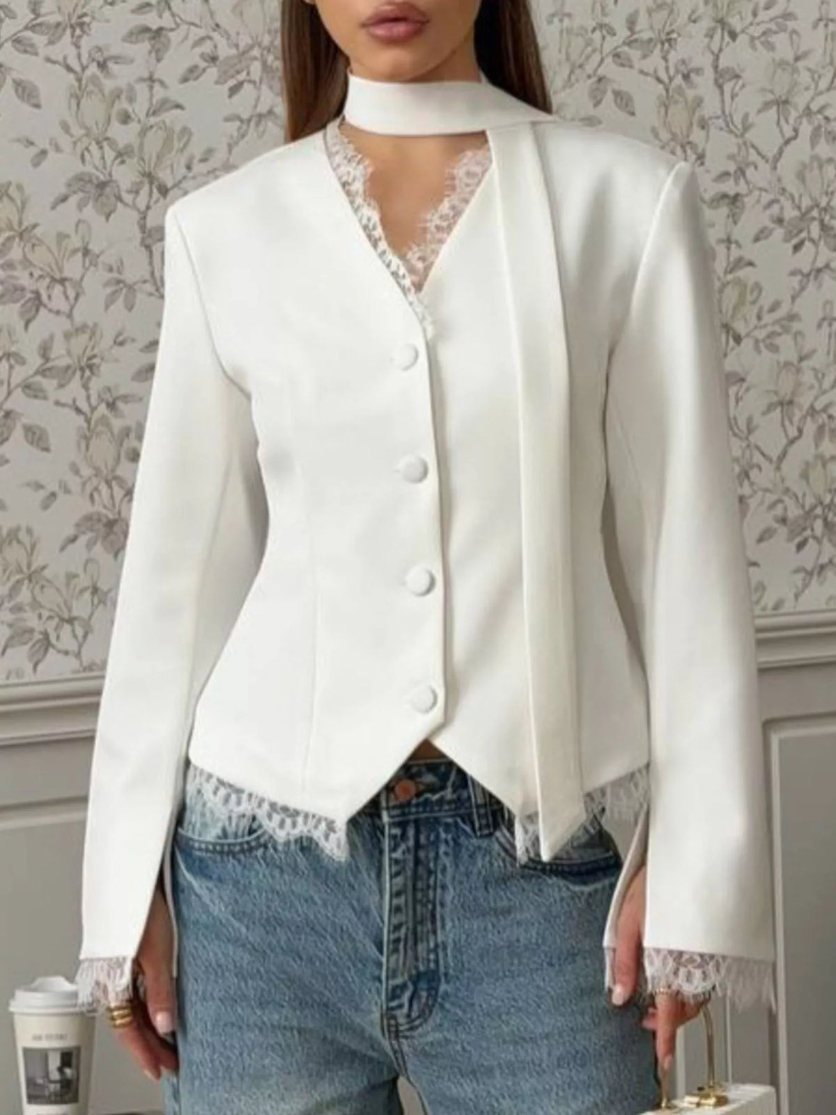 Lace trim button-up blazer from Trendsi featuring a tailored fit and elegant lace details on the collar and cuffs.