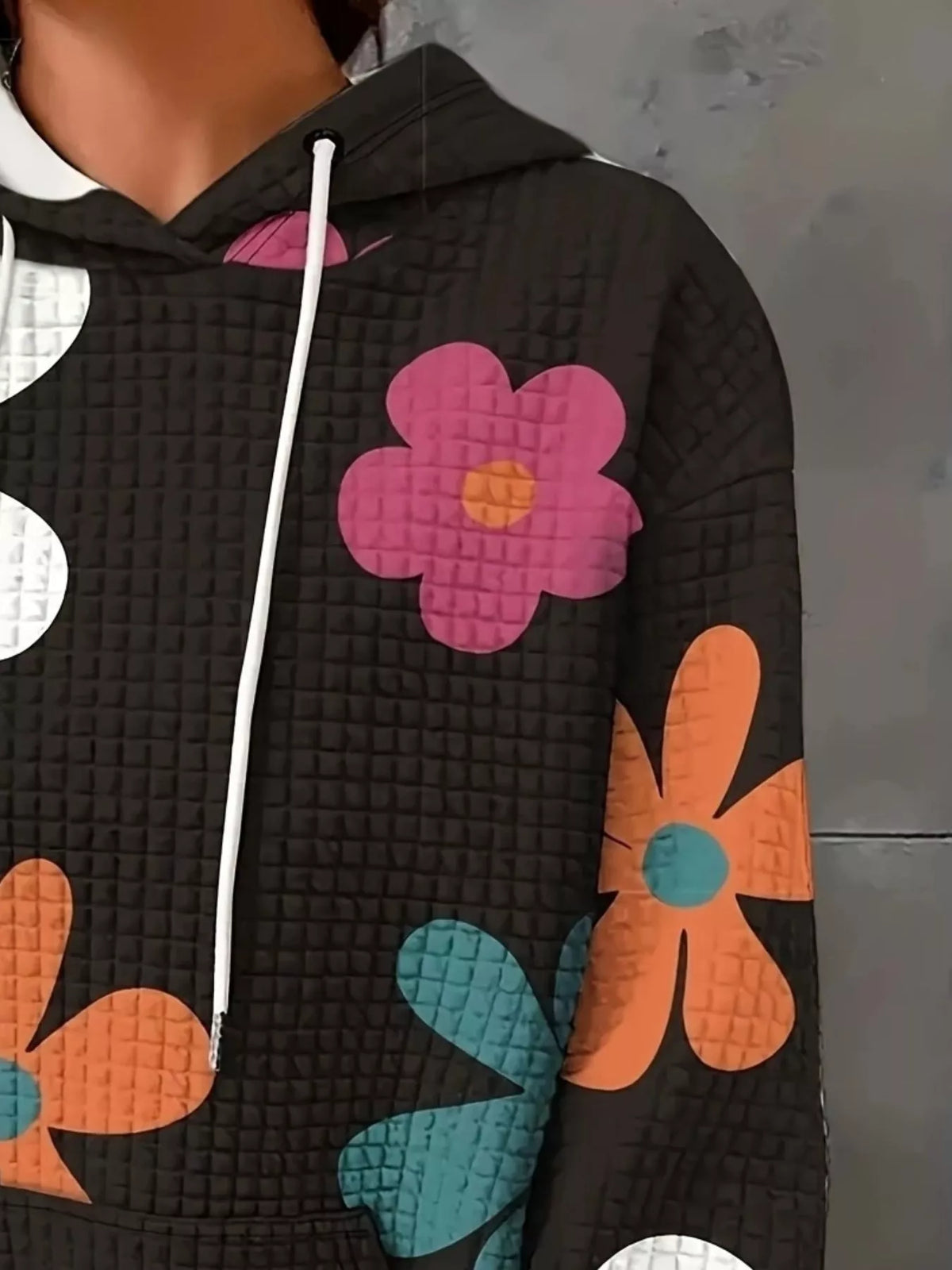 Simply Love floral print hoodie featuring a colorful floral design on soft fabric, perfect for casual and comfortable style.