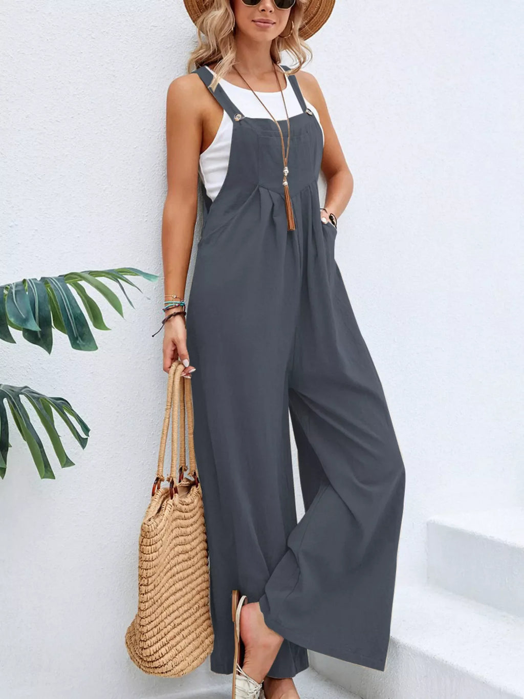 Plus size casual wide-leg overalls with pockets by Shopimist, full-length denim-style jumpsuit, front and back view.