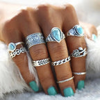 Set of 10 artificial turquoise alloy rings with various band styles, perfect for fashion and jewelry accessories.