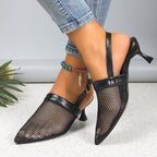 Women's mesh pointed toe kitten heel sandals by Trendsi, elegant chic footwear with stylish mesh design and slim heel.