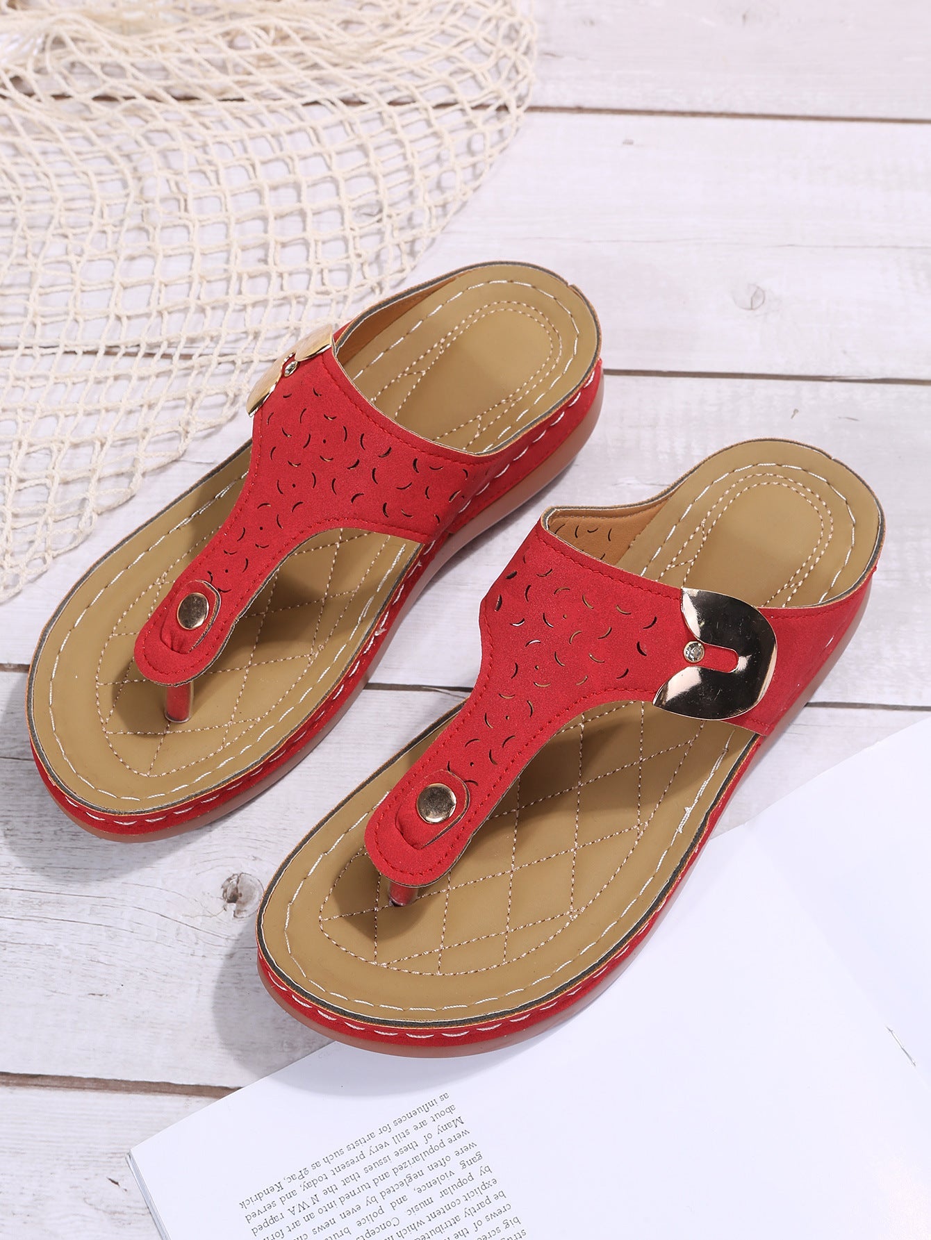 European and American fashion wedge heels and retro flip flops beach slippers with colorful straps and cushioned soles.