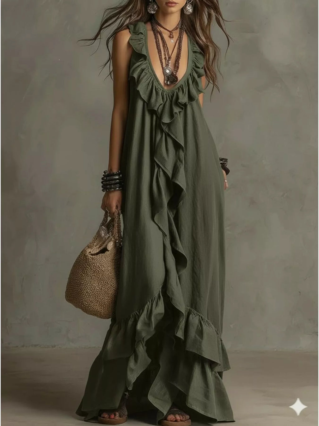 Shopimist ruffled sleeveless maxi dress featuring a flowing fabric with ruffle details and a fitted bodice.