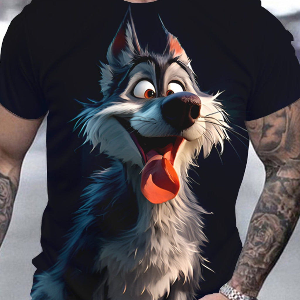 Men's streetwear 3D wolf print T-shirt from Plush Fashion Hub featuring a casual round neck design.