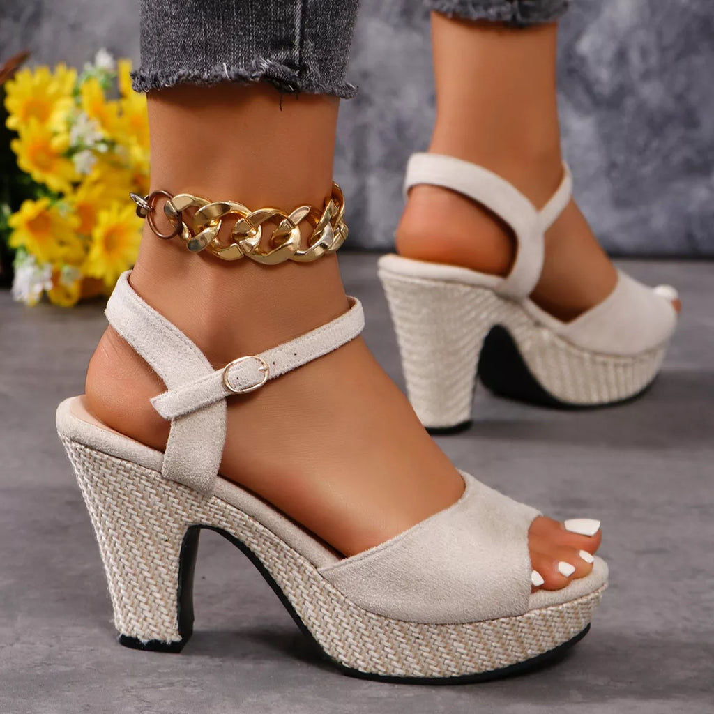 Women's ankle strap block heel sandals by Trendsi featuring a comfortable high heel and stylish dressy design.