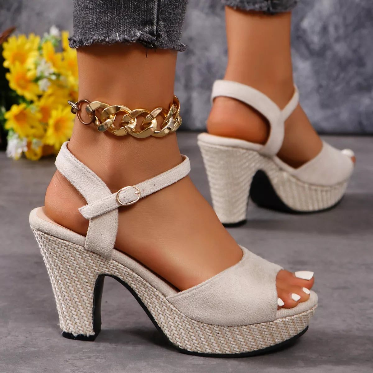 Women's ankle strap block heel sandals by Trendsi featuring a comfortable high heel and stylish dressy design.