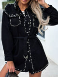 VYSN studded snap-down long sleeve denim shacket with button closure and metal stud accents, casual and stylish outerwear piece.