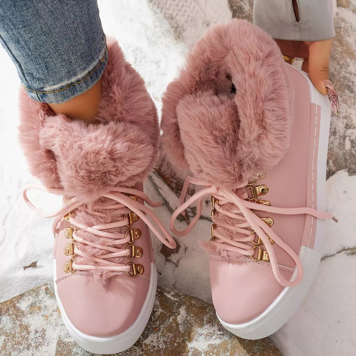 Simply Love fuzzy trim lace-up ankle boots with a cozy, textured design and sturdy soles.