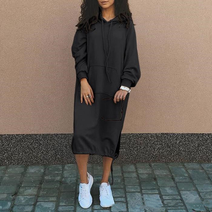Women’s casual long sleeve hooded sweater with pocket and drawstring by Plush Fashion Hub, shown in a comfortable, relaxed fit.