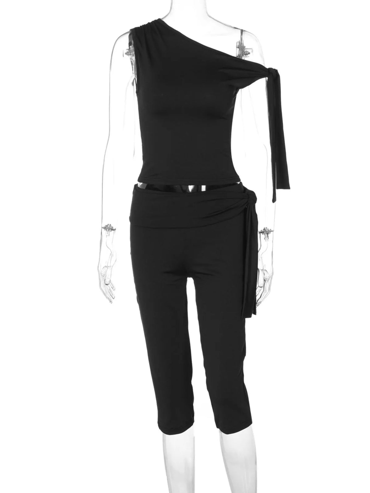 Asymmetrical one-shoulder top and matching capris set by Plush Fashion Hub, featuring stylish design and comfortable fit.