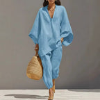 Casual women's loose shirt and cropped pants two-piece set by Plush Fashion Hub, featuring vintage-inspired relaxed casualwear.