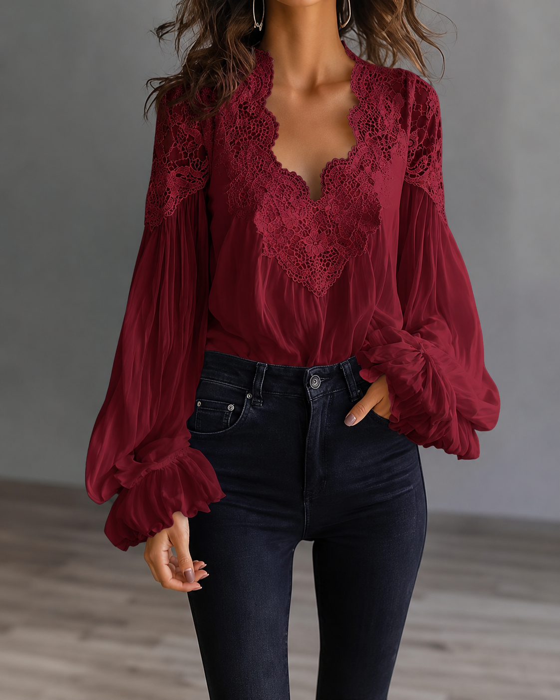 Lace-panel puff sleeve pleated ruffle ballet style shirt by Plush Fashion Hub, featuring intricate lace details and elegant design.