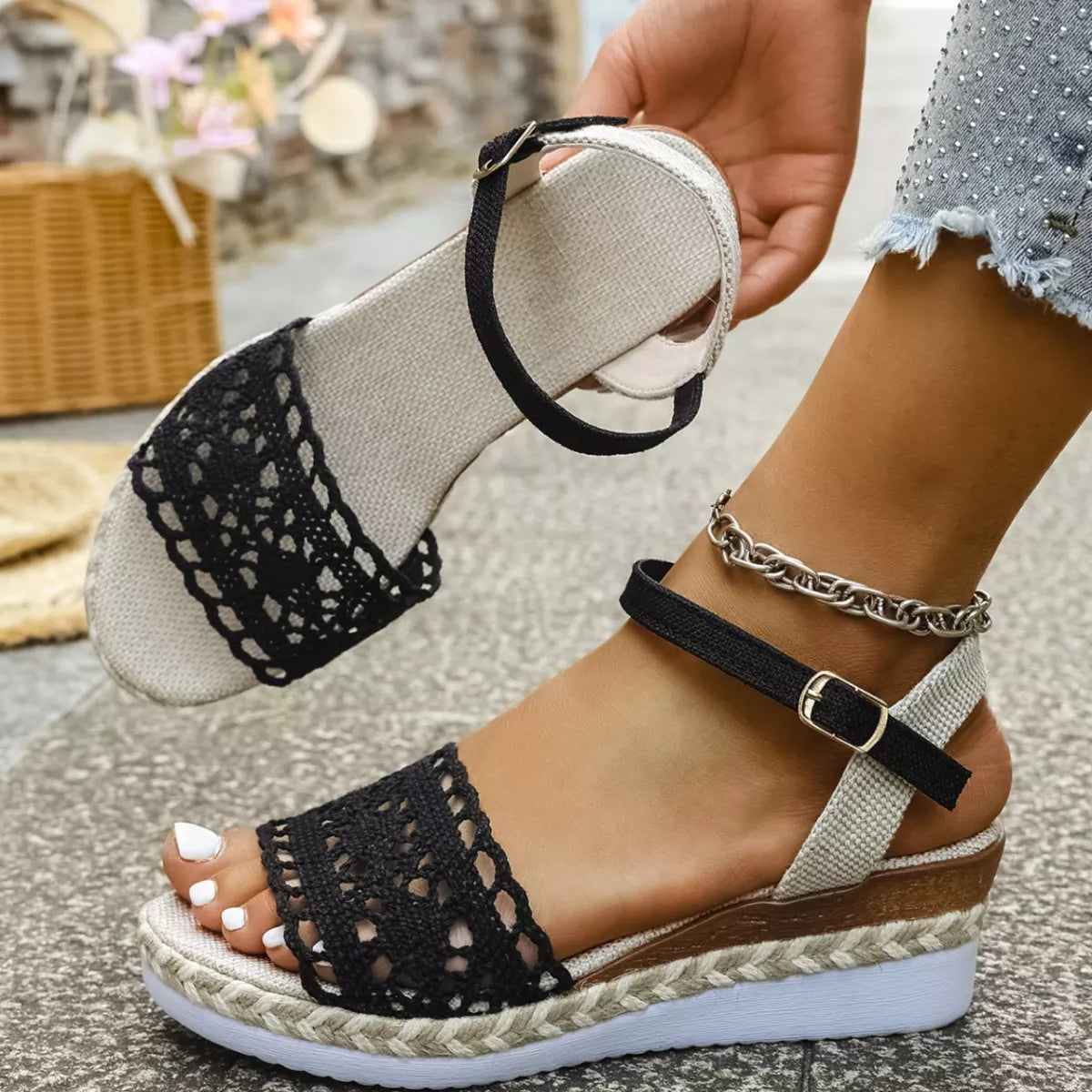Women's crochet espadrille platform sandals with mid-heel, stylish summer shoes featuring woven details and slip-on design.