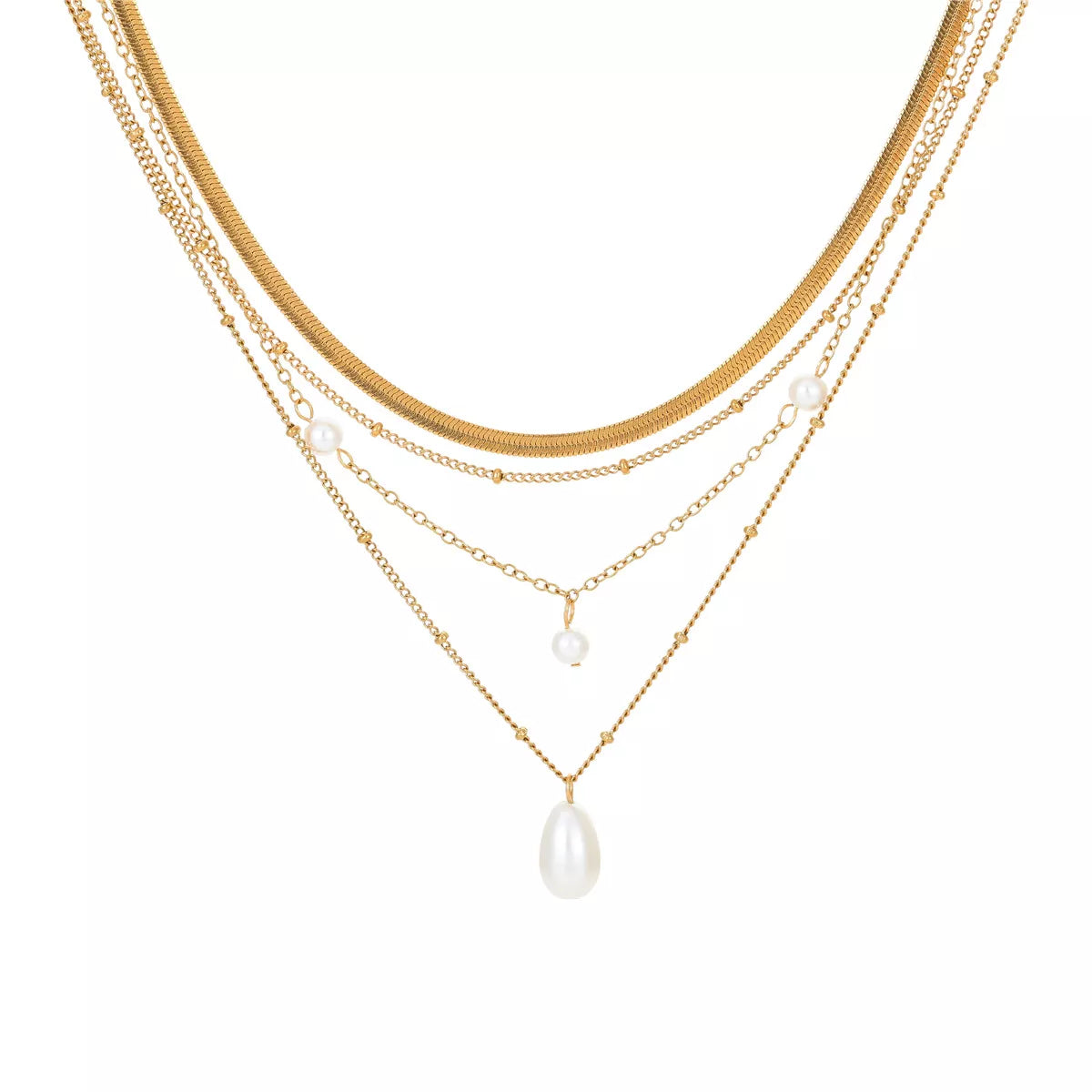 18K gold-plated four-layer pearl necklace with lustrous white pearls and gold chain detailing, designed by Plush Fashion Hub