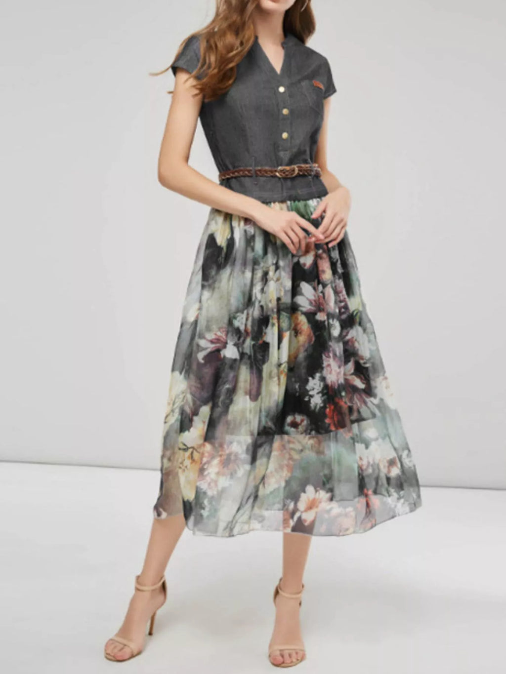 Plus size patchwork floral chiffon dress by Shopimist featuring a flowing full-length design with vibrant floral patterns.