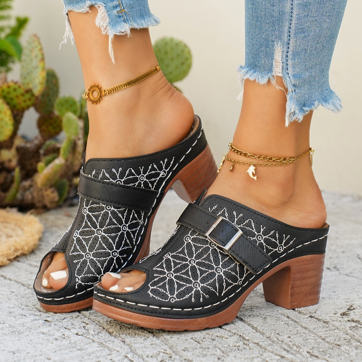 Women's chic buckle detail block heel sandals in premium faux leather with stylish design and comfortable heel height.