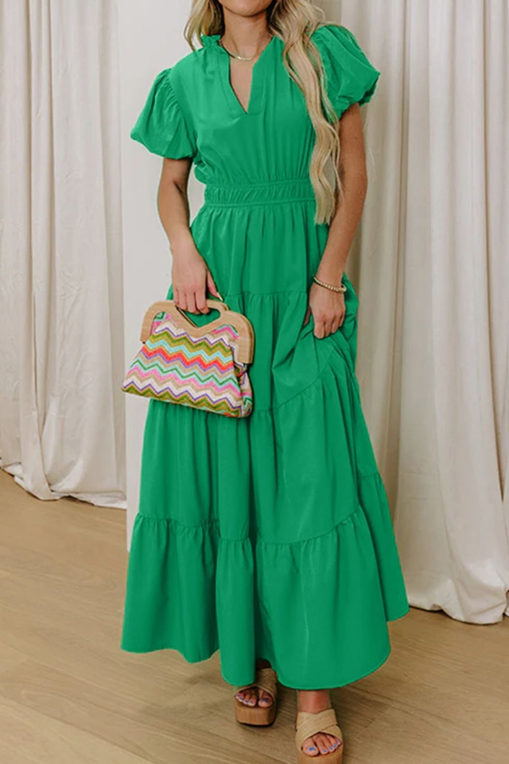 Women's ruffled tiered puff sleeve maxi dress with floral pattern, elegant long dress from Plush Fashion Hub.