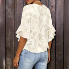 Women's 3D print ruffle sleeve loose top by FitiqueFit, featuring an elegant urban style and comfortable fit in S–2XL.