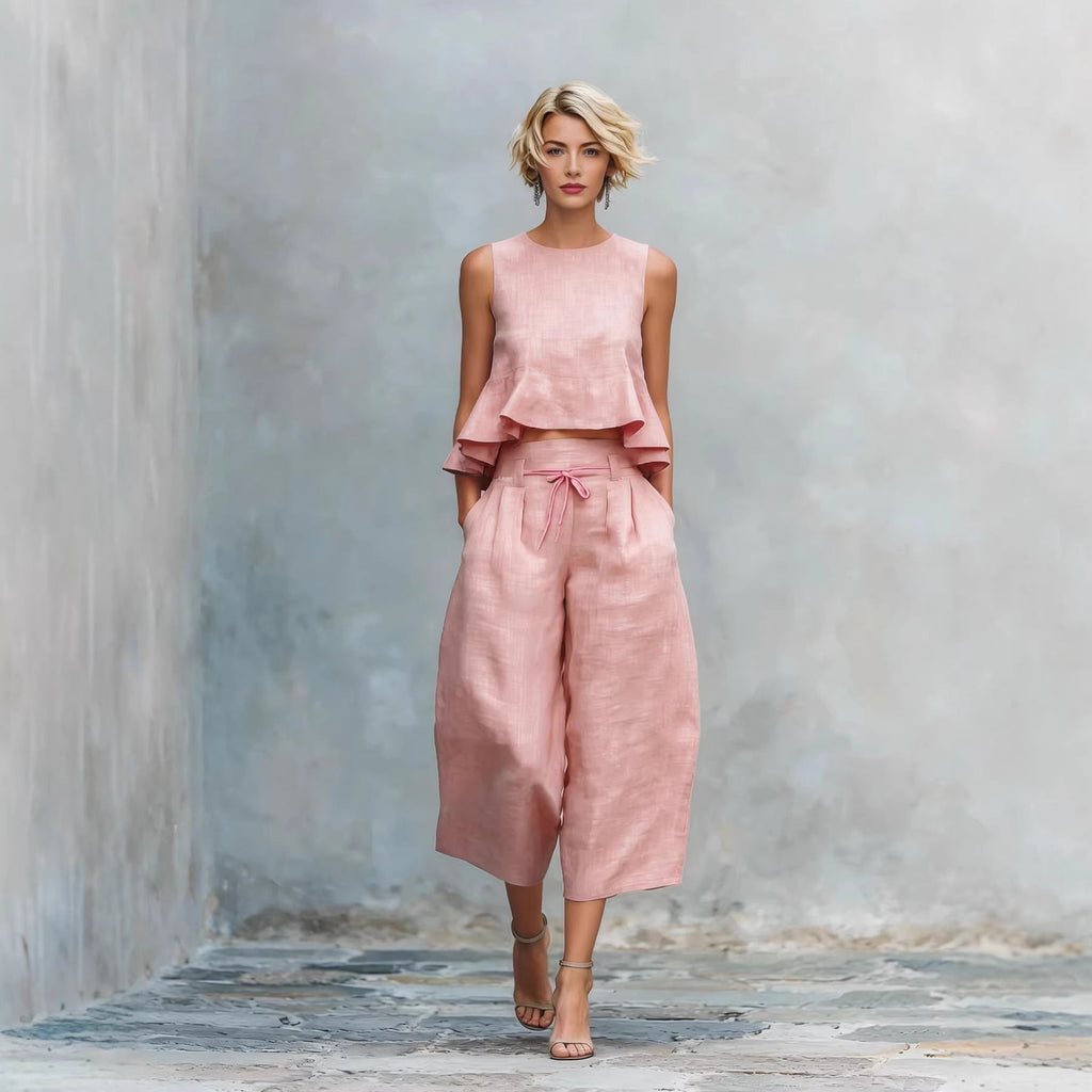 Women's linen-blend sleeveless two-piece set with ruffled detailing, stylish and comfortable from Plush Fashion Hub.