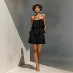 Women's multi-layer ruffle camisole and shorts casualwear set by FitiqueFit, featuring layered ruffle details and comfortable fit.
